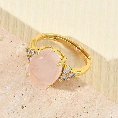 Brass Micro Pave Cubic Zirconia with Natural Rose Quartz Cuff Open Rings RJEW-T035-01G-L-1