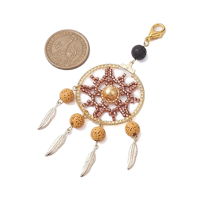 Woven Web/Net with Feather Glass Seed Beads Pendant Decorations HJEW-MZ00074-01-1