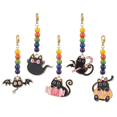 5Pcs 5 Styles Halloween Cat Alloy Enamel Pendant Decorations HJEW-JM01928-1