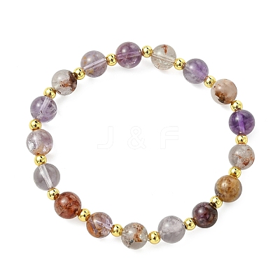 Round Natural Rutilated Quartz & Brass Beaded Stretch Bracelets for Women BJEW-JB14054-1