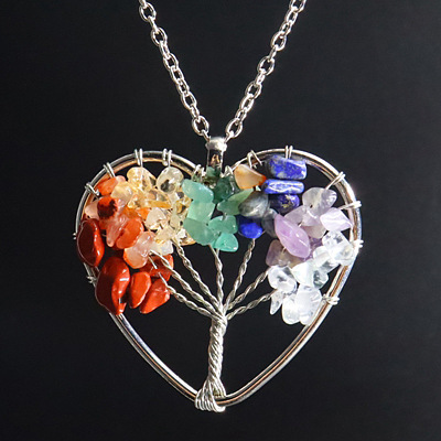 Natural Stone Chip Tree Of Life Chakra Pendant Necklaces FS-WG982AE-05-1