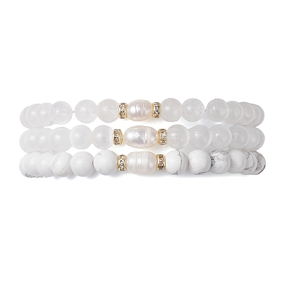 3Pcs Natural Howlite & Selenite & Quartz Crystal Round Beads Stretch Bracelets for Women BJEW-JB13058-1