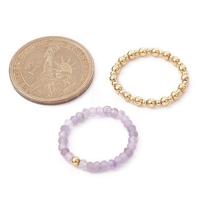 3 Set 3 Style Natural Mixed Gemstone & Brass Round Beaded Stretch Rings Set RJEW-TA00088-1