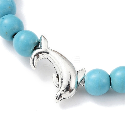 2Pcs 2 Color Tibetan Style Alloy Dolphin & Synthetic Turquoise Round Beaded Stretch Bracelets Set BJEW-JB09895-1