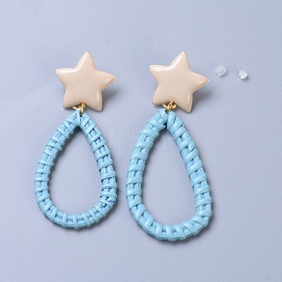 Handmade Spray Painted Reed Cane/Rattan Woven Dangle Stud Earrings EJEW-JE03083-1