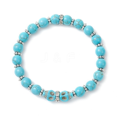 Halloween Brass Crystal Rhinestone & Dyed Synthetic Turquoise Skull & Round Beaded Stretch Bracelets for Men Women BJEW-JB12254-03-1