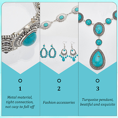Synthetic Turquoise Hollow Out Teardorp Chandelier & Dangle Stud Earring & Stretch Bracelet & Lariat Necklace & Link Chain Waist Belt SJEW-AN0001-01-1