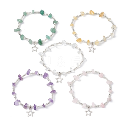 Natural Mixed Gemstone Chip & Iron Beaded Stretch Bracelets BJEW-JB09778-1
