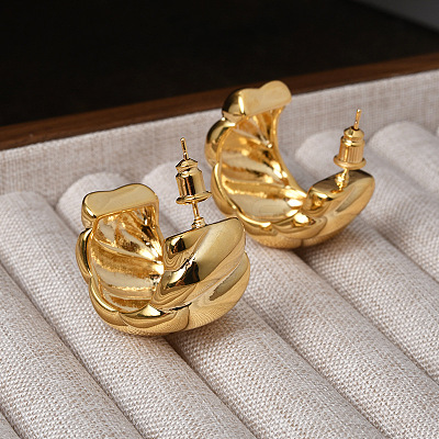 Twist C-Shaped Brass Half Hoop Stud Earrings for Women LS-EJEW-G391-17G-1