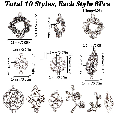 80Pcs 10 Styles Flower Theme Tibetan Style Alloy Connector Charms FIND-SC0007-57-1