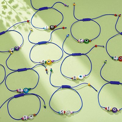 26Pcs 26 Style Initial Letter A~Z Acrylic & Evil Eye Lampwork Braided Bead Bracelets Set BJEW-JB08659-1