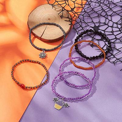 6Pcs 6 Style Dyed Synthetic Turquoise Skull & Glass Beaded Stretch Bracelets Set BJEW-JB09391-1