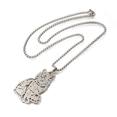 201 Stainless Steel Box Chain Hollow Cute Cat Pendant Necklaces NJEW-S003-09P-1