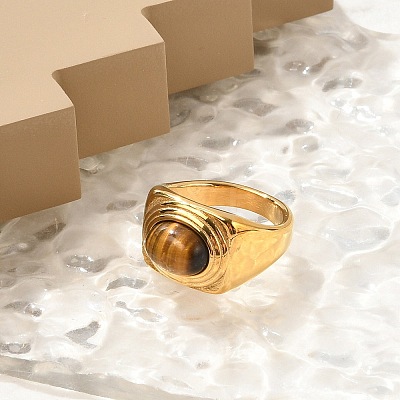Oval Natural Tiger Eye Finger Rings RJEW-Q007-06G-1