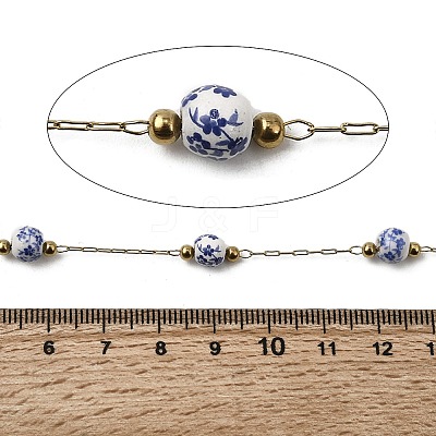 Handmade 304 Stainless Steel Porcelain Beaded Round with Flower Pattern Link Chains CHS-L032-15G-01-1