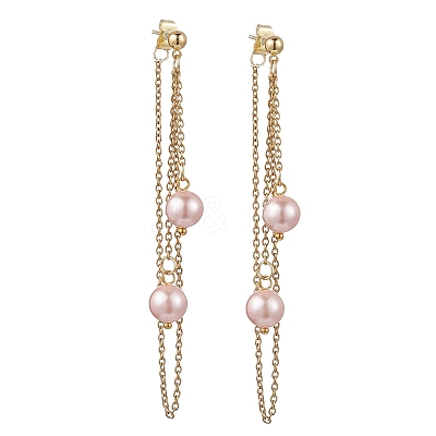 304 Stainless Steel Shell Pearl Round Bead Tassel Stud Earrings EJEW-JE06663-1