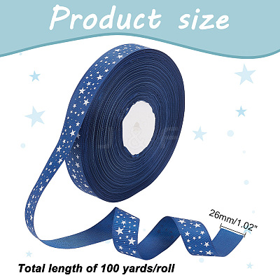 100 Yards Star Print Polyester Grosgrain Ribbon OCOR-WH0088-76-1