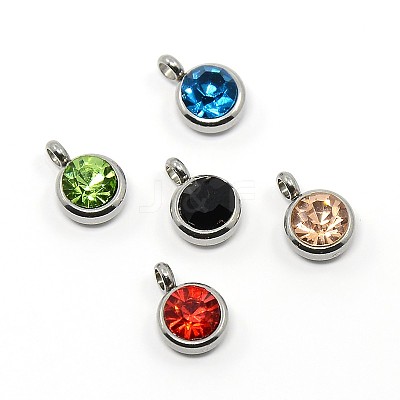 Trendy Original Color 304 Stainless Steel Grade A Rhinestone Flat Round Charm Pendants RB-M030-06-1