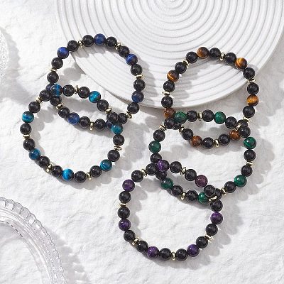 Round Natural Tiger Eye & Eyeless Obsidian & Non-Magnetic Synthetic Hematite Beads Stretch Bracelets for Women BJEW-JB12762-1