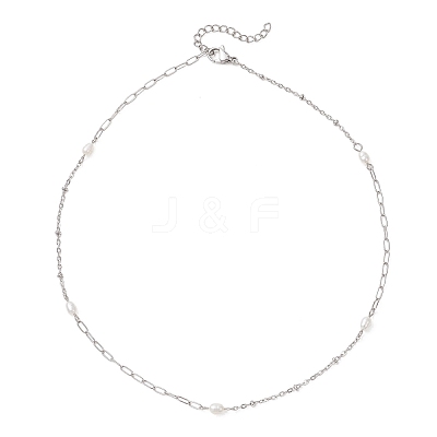 Natural Pearl Rice & 304 Stainless Steel Satellite Chain Paperclip Chain Necklaces for Women NJEW-JN05823-01-1