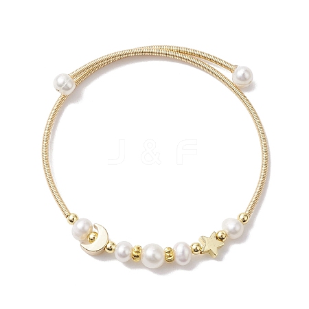 Natural Cultured Freshwater Pearl Bangle with Star Moon Brass Beads BJEW-JB10194-1