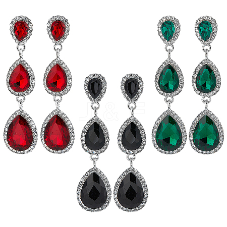 ANATTASOUL 3 Pairs 3 Colors Glass Teardrop Dangle Stud Earrings with Rhinestone EJEW-AN0003-98-1