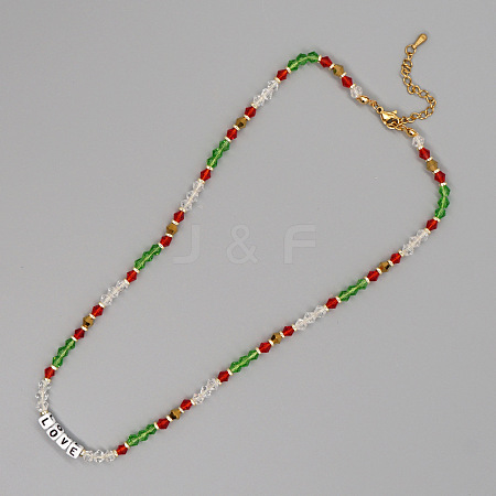 Christmas Theme Glass & Imitation Pearl & Brass LOVE Bicone Beaded Necklaces LS-GF3195-10-1