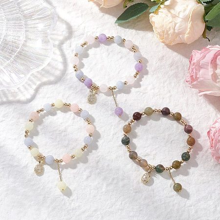 3Pcs Natural Aquamarine & Rose Quartz & Amethyst & Indian Agate & White Jade Imitation Morganite Round Beaded Bracelets BJEW-JB11933-1