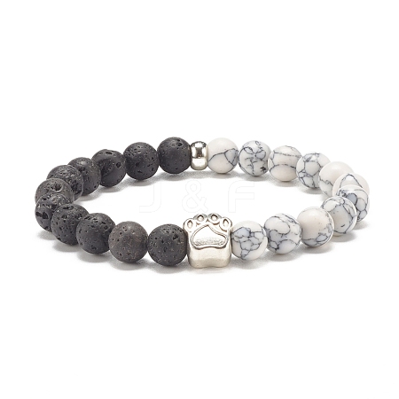 Synthetic Howlite & Natural Lava Rock Round Beaded Stretch Bracelet with Alloy Paw Print BJEW-JB07843-1