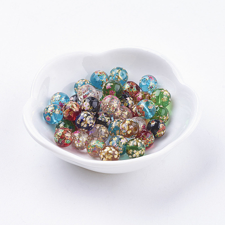 Flower Picture Printed Glass Beads GLAA-E399-8mm-1