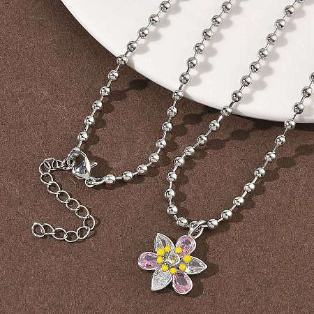 Brass Pave Pink and Clear Cubic Zirconia with Enamel Flower Pendant Ball Chain Necklaces NJEW-G183-04P-1