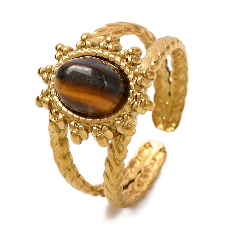 Oval Natural Tiger Eye Finger Rings RJEW-Q822-23G-02-1