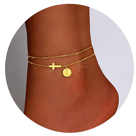 Brass Sideways Cross Link Anklets with Flat Round Initial Charms FS-WG12DAA-10-1