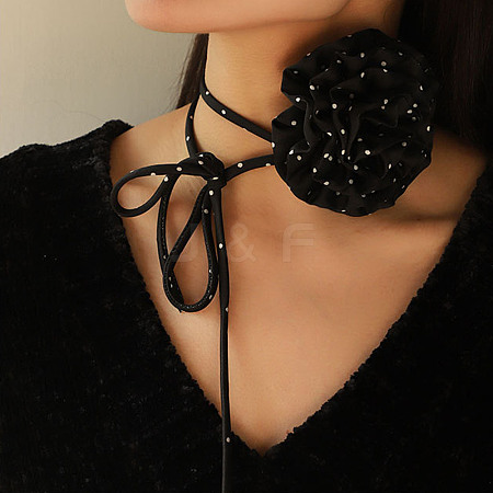 Polka Dot Pattern Fabric Rose Tie Choker Necklaces for Women NJEW-Z022-01D-1