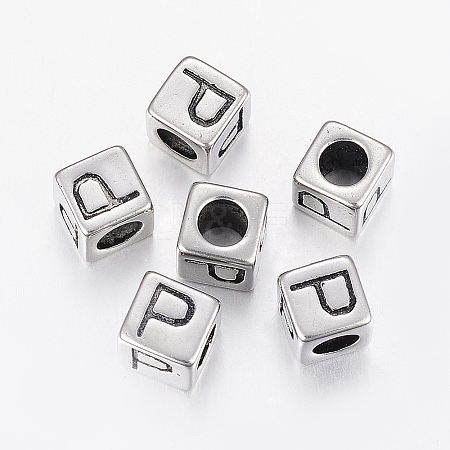 304 Stainless Steel Large Hole Letter European Beads LS-STAS-H428-01AS-P-1