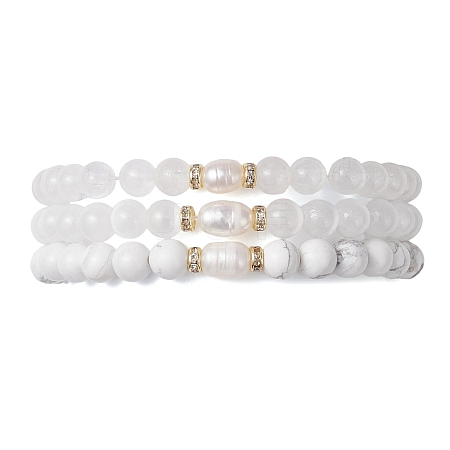 3Pcs Natural Howlite & Selenite & Quartz Crystal Round Beads Stretch Bracelets for Women BJEW-JB13058-1