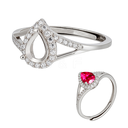 1Pc Teardrop Adjustable 925 Sterling Silver Rhinestone Finger Ring Components STER-BC0003-65-1