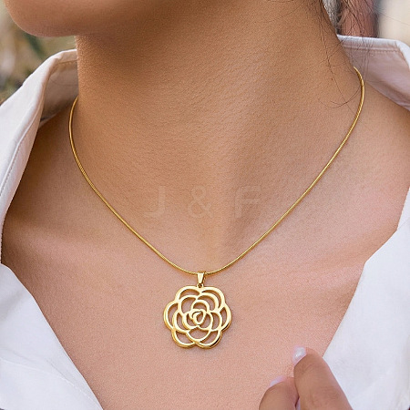 304 Stainless Steel Hollow Camellia Pendant Necklaces for Women DI8670-2-1