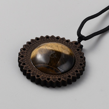Natural Tiger Eye & Wood Flower Pendant Necklace with Adjustable Nylon Cords NJEW-WH0002-118A-1