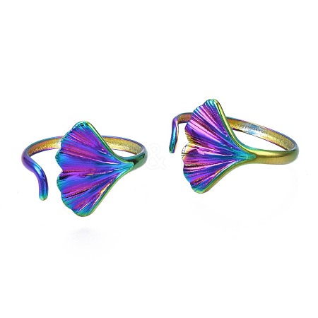 304 Stainless Steel Leaf Cuff Ring RJEW-N038-051-1