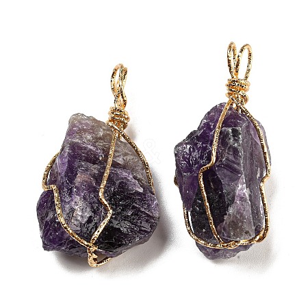 Raw Rough Natural Amethyst Iron Wire Wrapped Pendants G-H308-03G-03-1