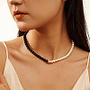 Natural Black Obsidian & Shell Pearl Round Beaded Necklaces NJEW-L125-006G-3