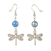 Round Natural Mashan Jade with Alloy Dragonfly Dangle Earrings EJEW-JE04855-04-3