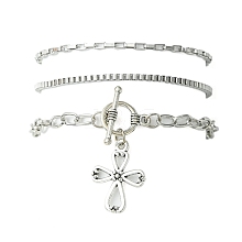 3Pcs 3 Style 316 Surgical Stainless Steel Box & Venetian Chain Bracelets Set with Corss Charms BJEW-FS0001-07