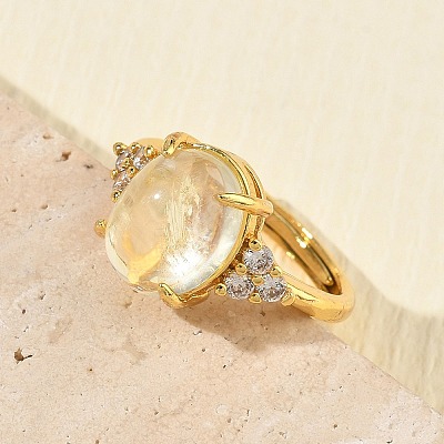 Brass Micro Pave Cubic Zirconia with Synthetic Lemon Quartz Cuff Open Rings RJEW-T035-01G-A-1
