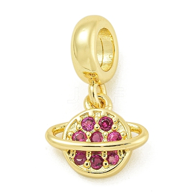 Rack Plating Brass Pave Hot Pink Cubic Zirconia Planet European Dangle Charms KK-Z067-37G-1