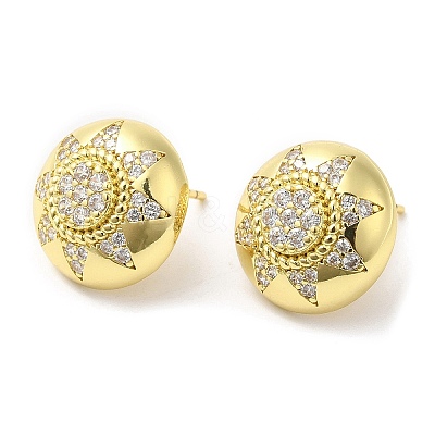 Rack Plating Brass Half Round with Sun Stud Earrings with Crystal Rhinestone for Women EJEW-D059-14G-1