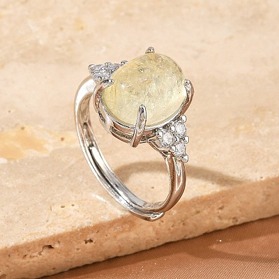 Brass Micro Pave Cubic Zirconia with Synthetic Lemon Quartz Cuff Open Rings RJEW-T035-01P-A-1