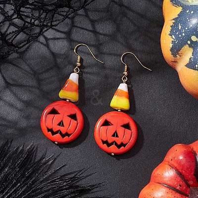 Brass Pumpkin Dangle Earrings EJEW-TA00693-1