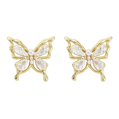 Butterfly Brass Micro Pave Cubic Zirconia Stud Earrings EJEW-M082-17G-02-1